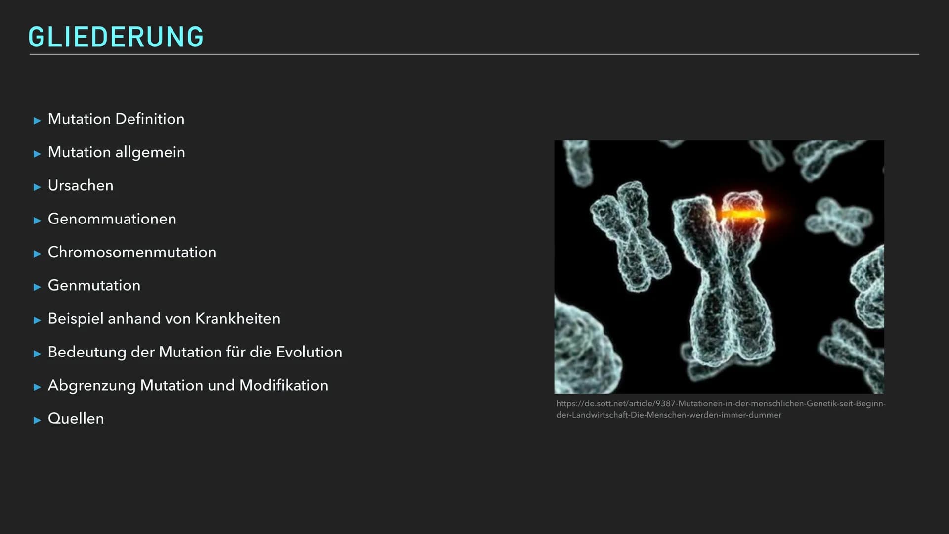 EMMA WAGENKNECHT
MUTATION GLIEDERUNG
Mutation Definition
► Mutation allgemein
► Ursachen
► Genommuationen
► Chromosomenmutation
► Genmutatio