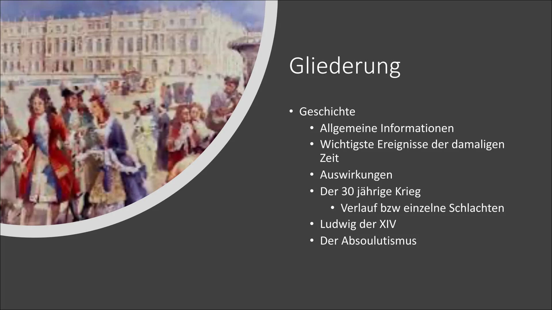 Barock
Das Zeitalters des Barocks
1600-1750
HI Gliederung
Geschichte
• Allgemeine Informationen
• Wichtigste Ereignisse der damaligen
Zeit
A