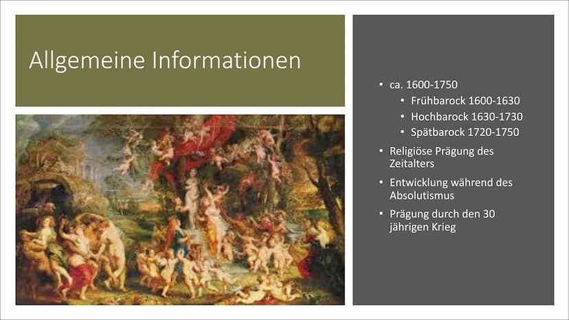 Barock
Das Zeitalters des Barocks
1600-1750
HI Gliederung
Geschichte
• Allgemeine Informationen
• Wichtigste Ereignisse der damaligen
Zeit
A