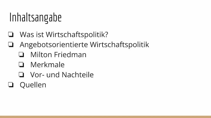 Angebotsorientierte
Wirtschaftspolitik Inhaltsangabe
Was ist Wirtschaftspolitik?
Angebotsorientierte Wirtschaftspolitik
Milton Friedman
Merk