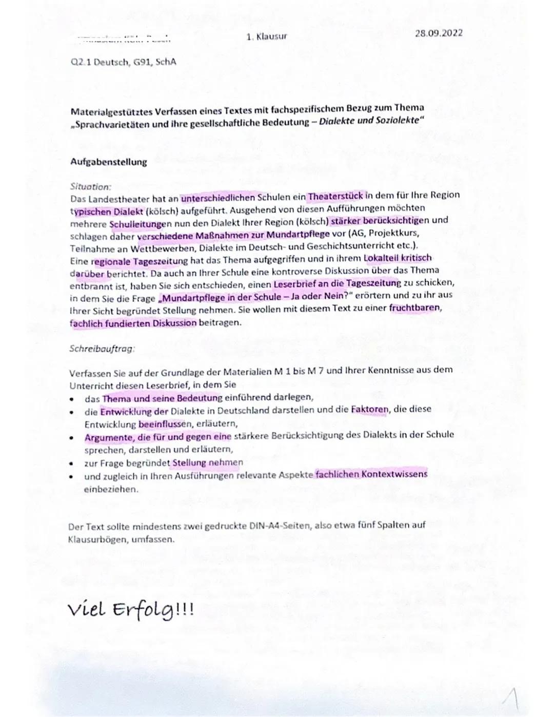 Q2.1 Deutsch, G91, SchA
Aufgabenstellung
Materialgestütztes Verfassen eines Textes mit fachspezifischem Bezug zum Thema
„Sprachvarietäten un