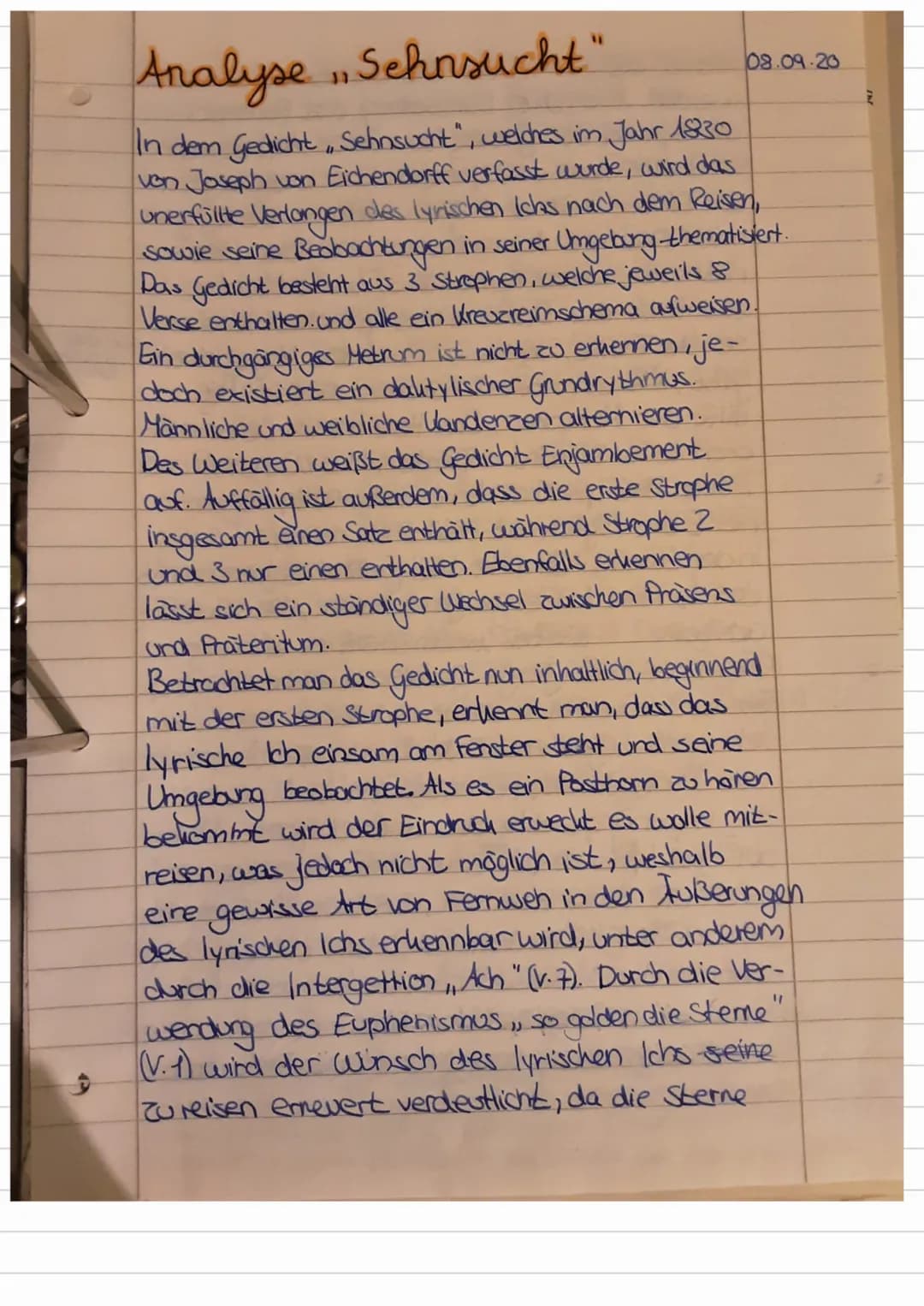 Analyse , Sehnsucht"
In dem Gedicht Sehnsucht", welches im Jahr 1830
von Joseph von Eichendorff verfasst wurde, wird das
unerfüllte Verlange