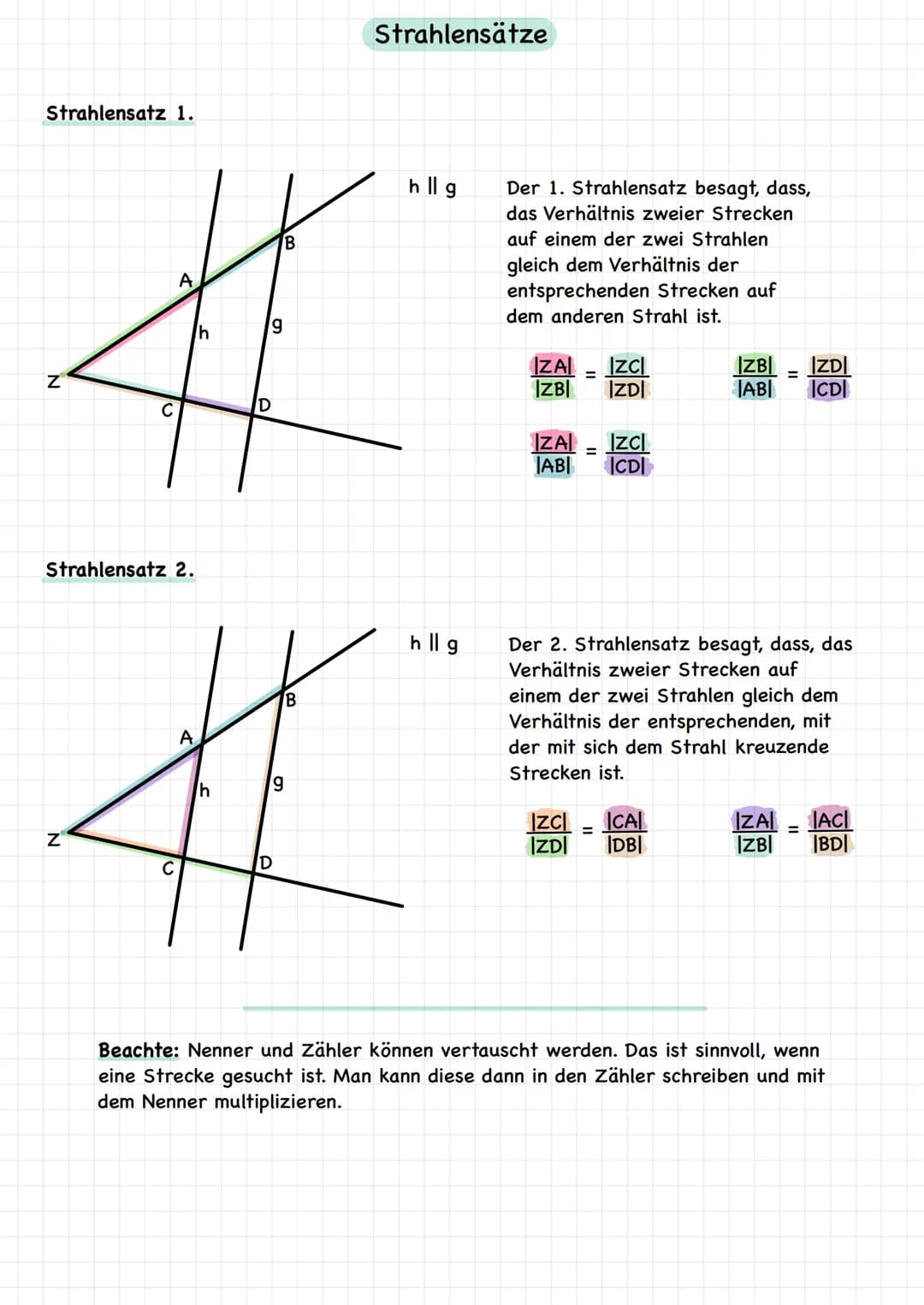 Strahlensatz 1.
Z
C
Z
Strahlensatz 2.
A
C
A
h
h
D
B
9
D
B
9
Strahlensätze
hllg
hllg
Der 1. Strahlensatz besagt, dass,
das Verhältnis zweier 