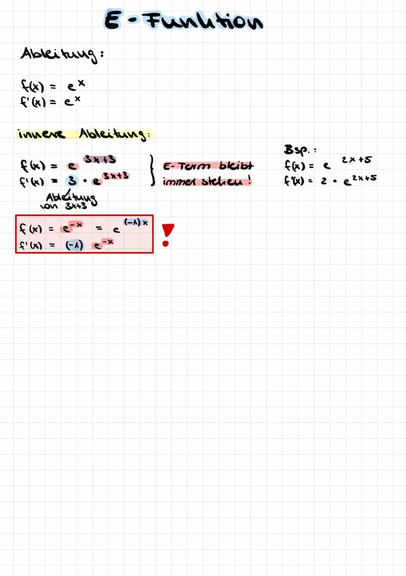 Exponeutial funution
f(x) = zahl *
Bsp.:
f(x) = 2x
f(x) = ex
culersche
(irrational)
Basis unter
A
Exponent
Basis über
A
Basis
E-Funution
=> 