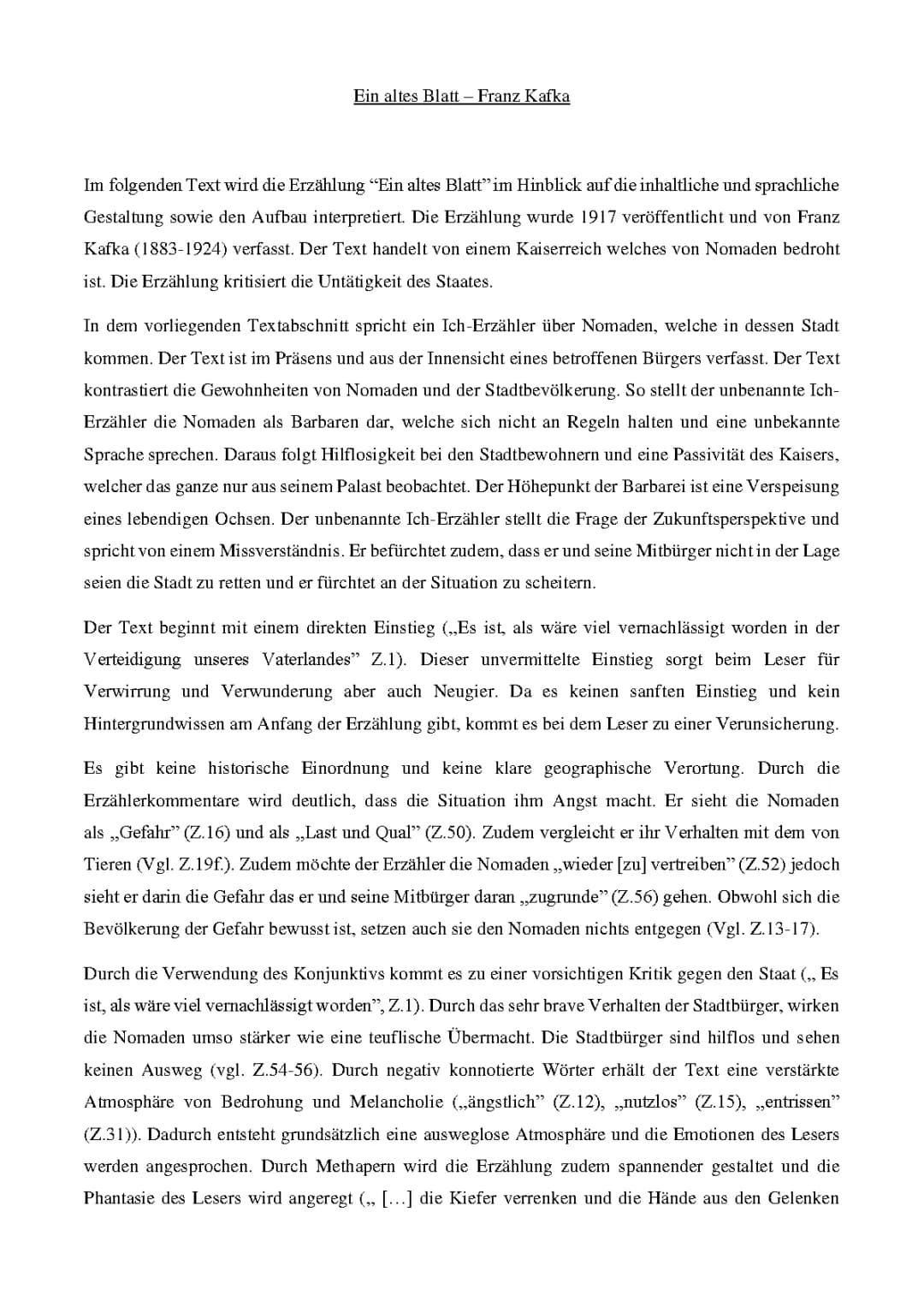 Ein altes Blatt Kafka Zusammenfassung - Franz Kafka Geschichten