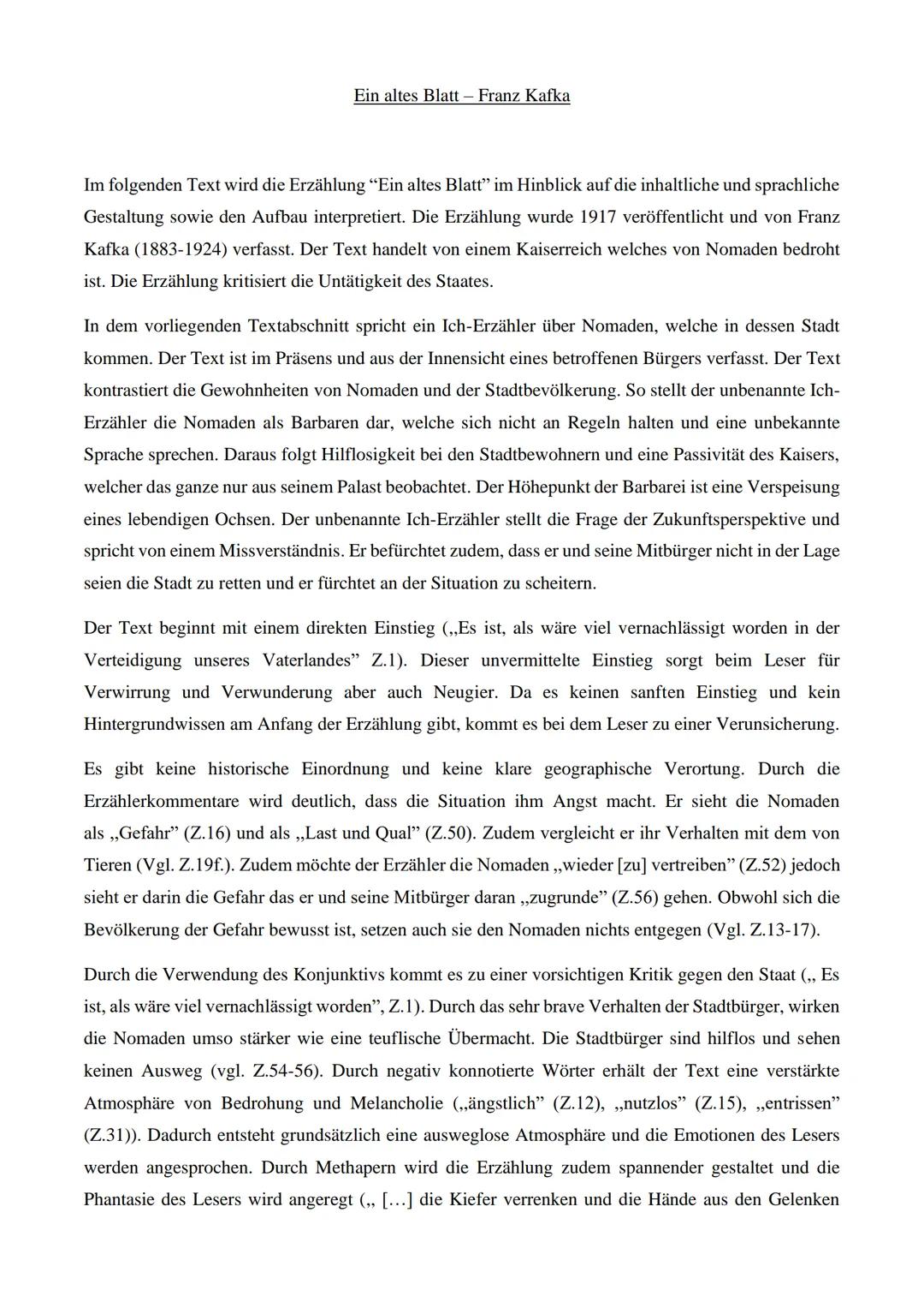 Ein altes Blatt - Franz Kafka
Im folgenden Text wird die Erzählung "Ein altes Blatt" im Hinblick auf die inhaltliche und sprachliche
Gestalt
