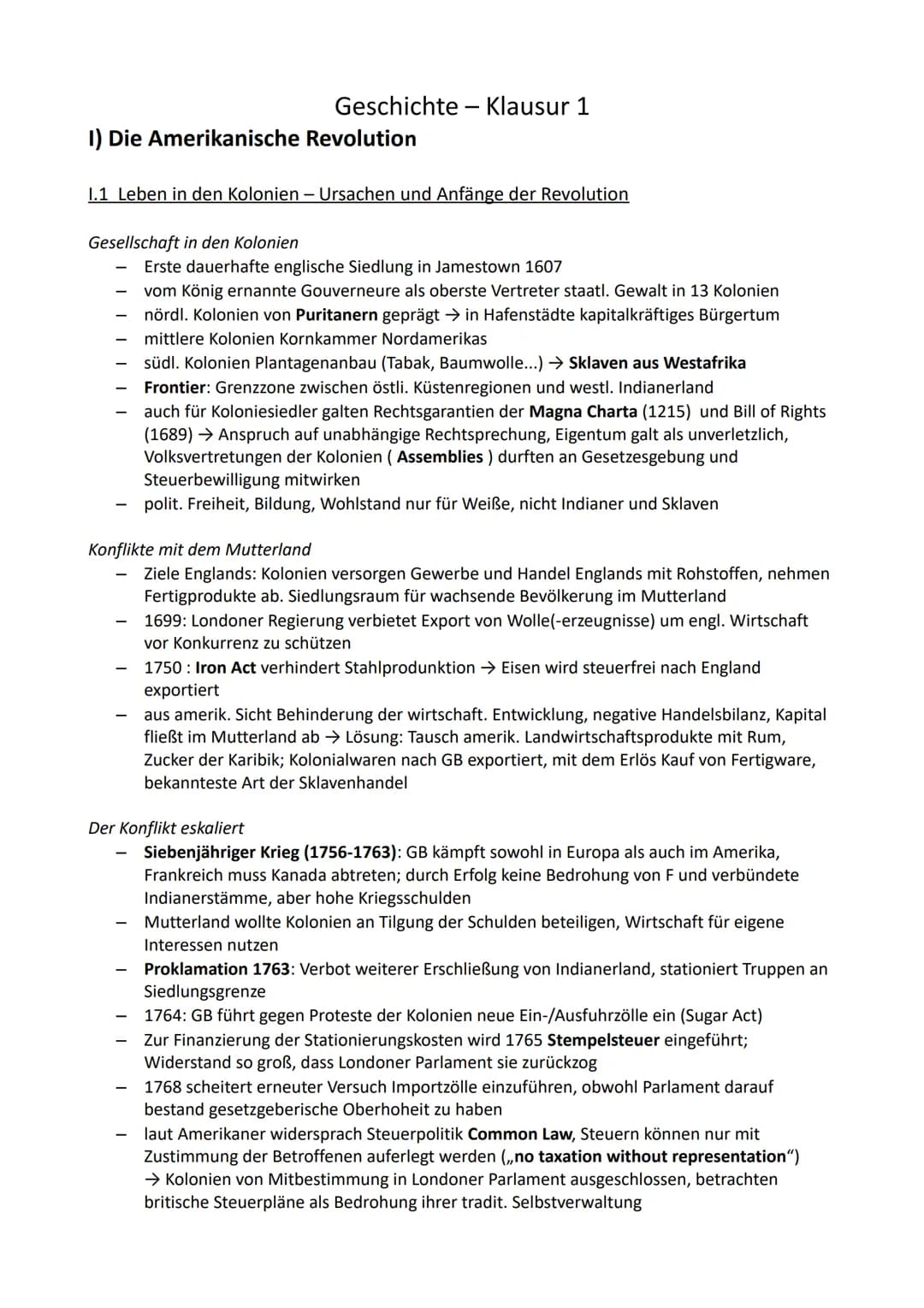 1) Die Amerikanische Revolution
Geschichte Klausur 1
1.1 Leben in den Kolonien - Ursachen und Anfänge der Revolution
Gesellschaft in den Kol