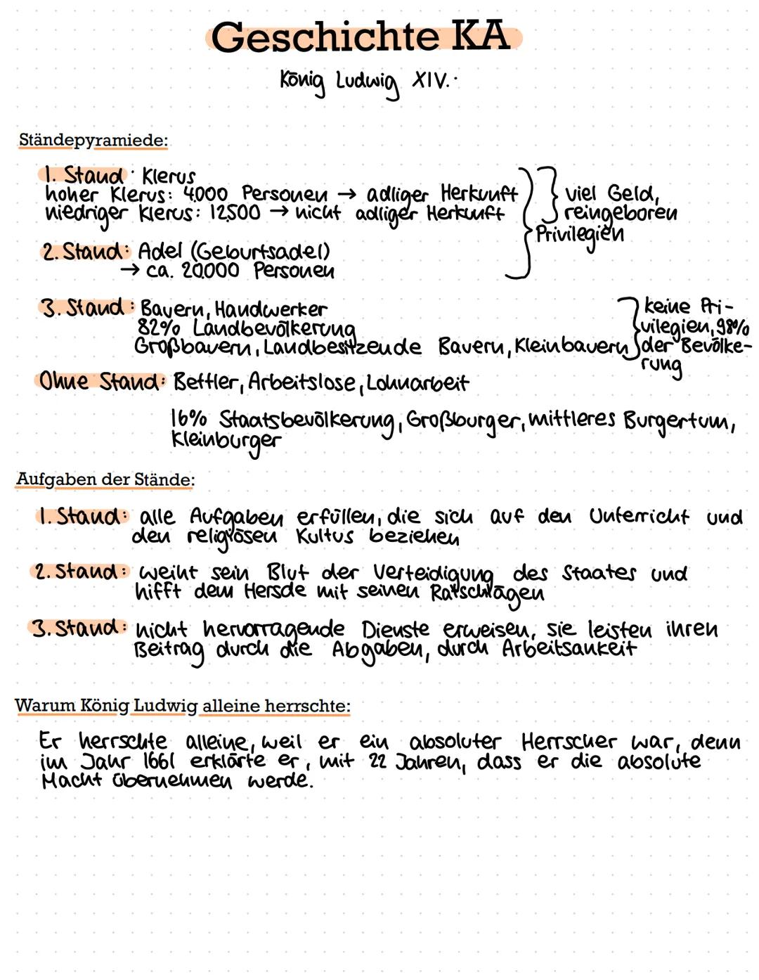 Ständepyramiede:
Geschichte KA
König Ludwig XIV..
1. Staud Klerus
hoher Klerus: 4000 Personen → adliger Herkunft
niedriger kierus: 12.500 →n