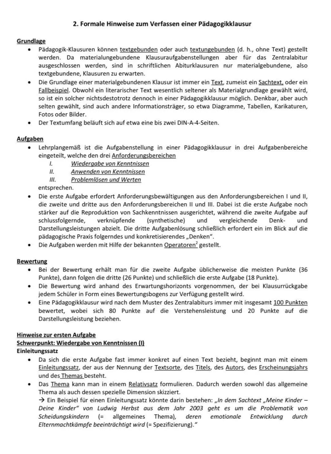 Aufgabe 1
Formulierungsratgeber für Pädagogikklausuren
1. Formulierungsbausteine für Pädagogikklausuren mit Sachtexten als Materialgrundlage