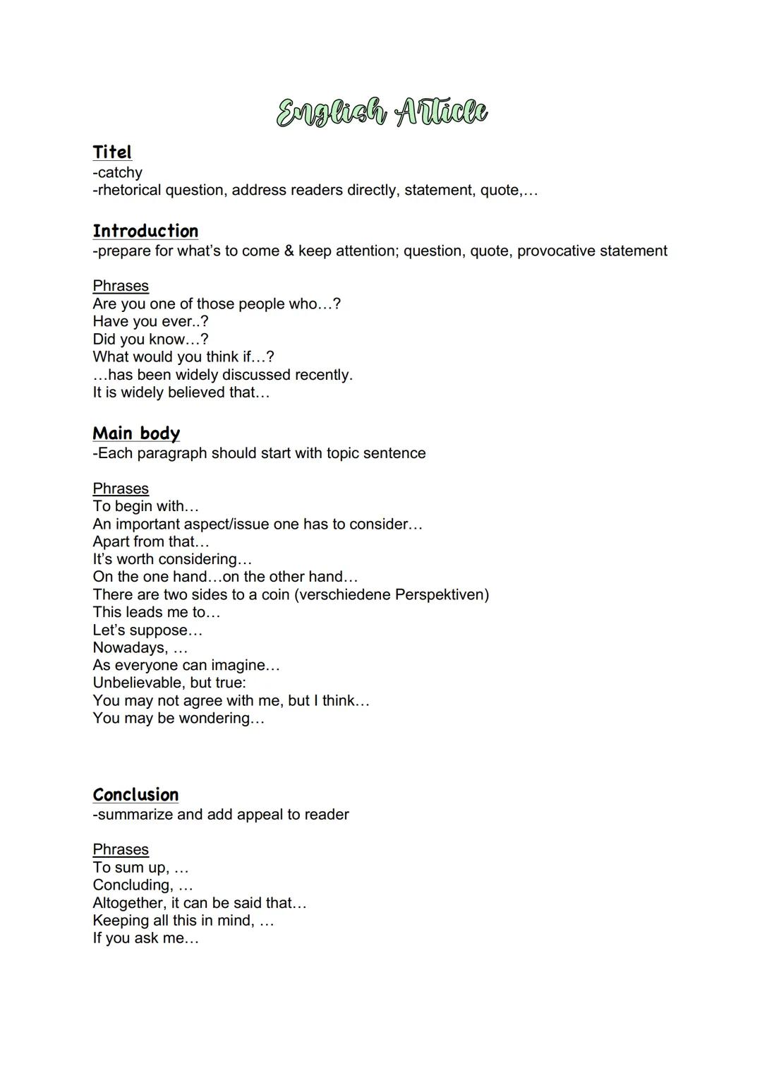 English article infos & phrases