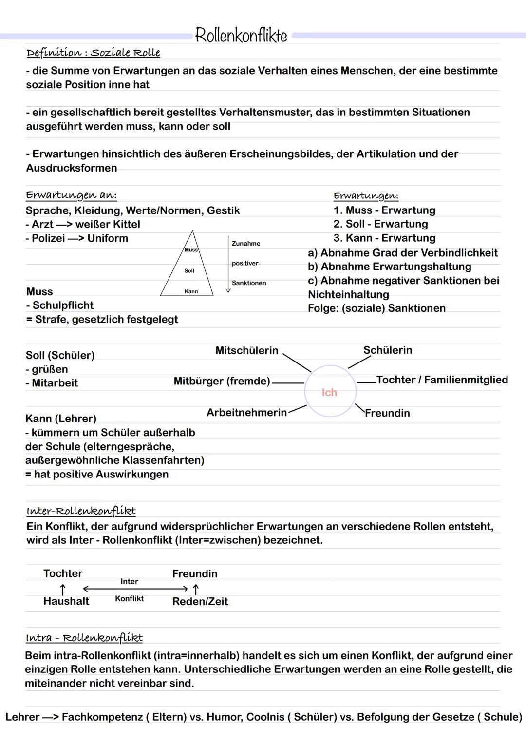 Rollenkonflikte
Definition: Soziale Rolle
- die Summe von Erwartungen an das soziale Verhalten eines Menschen, der eine bestimmte
soziale Po