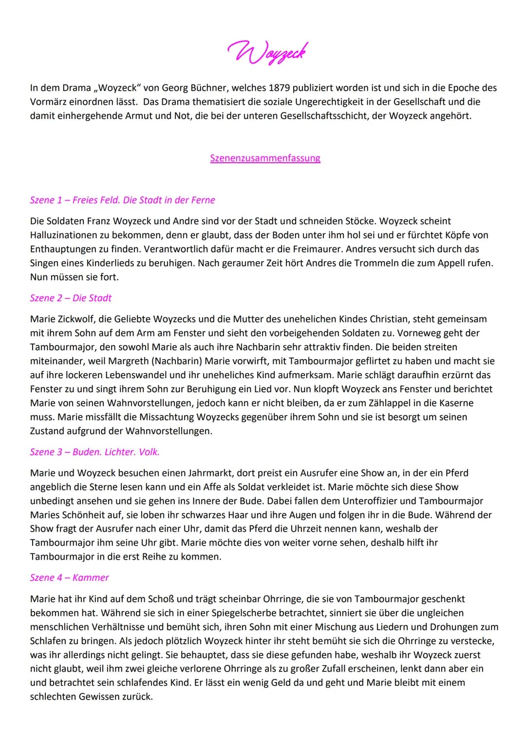 Woyzeck
In dem Drama ,,Woyzeck" von Georg Büchner, welches 1879 publiziert worden ist und sich i die Epoche des
Vormärz einordnen lässt. Das