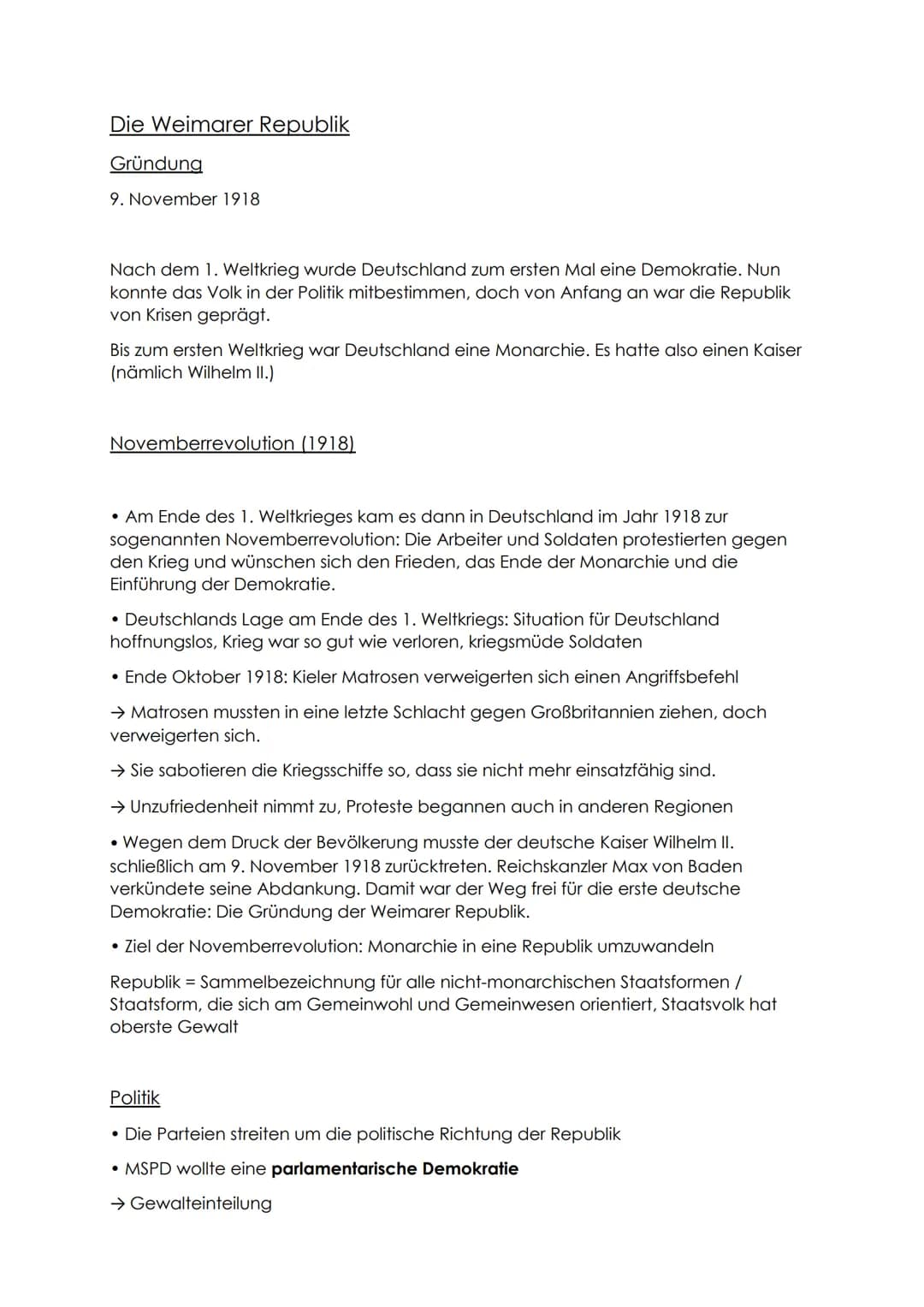 Die Weimarer Republik
Gründung
9. November 1918
Nach dem 1. Weltkrieg wurde Deutschland zum ersten Mal eine Demokratie. Nun
konnte das Volk 