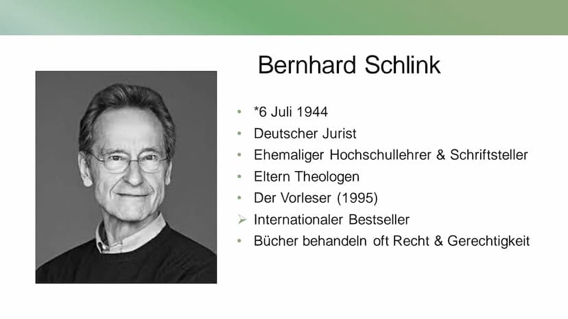 Der Vorleser
Von Lisa und Eva Inhalt
●
●
●
●
●
Bernhard Schlink
Inhalt
Aufbau
Michael
Michaels Familie
Hanna
Die Beziehung
Themen
Mögliche A