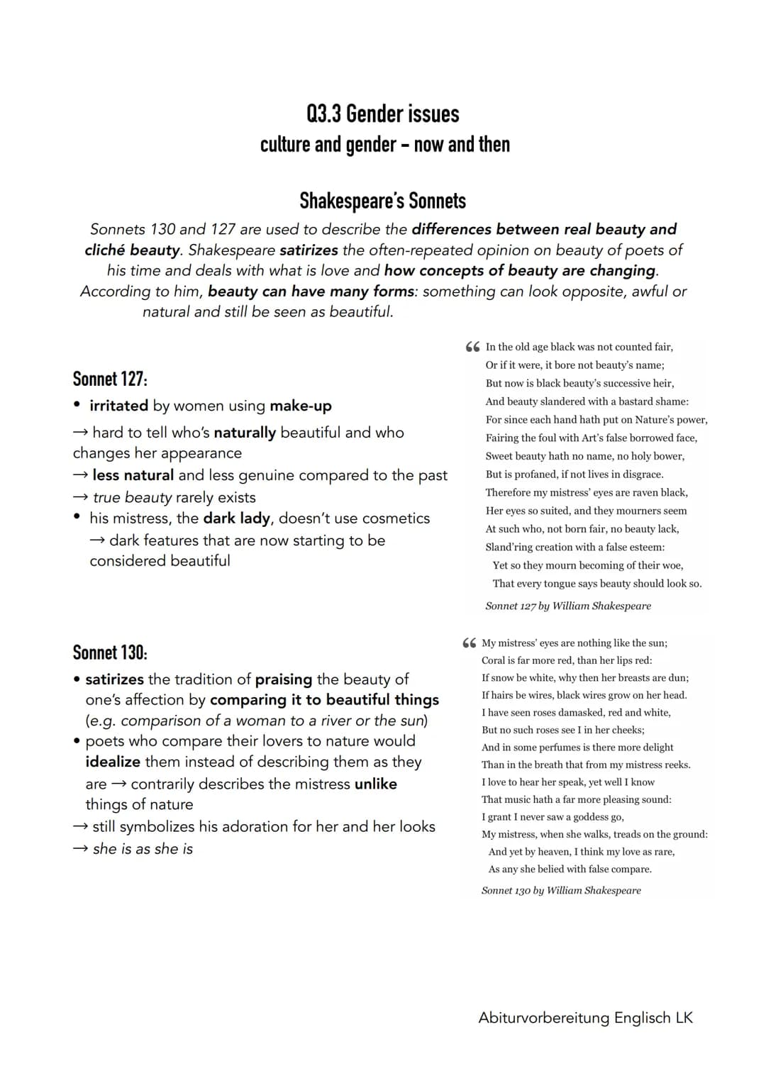 Q3.3 Gender issues
culture and gender - now and then
Shakespeare's Sonnets
Sonnets 130 and 127 are used to describe the differences between 