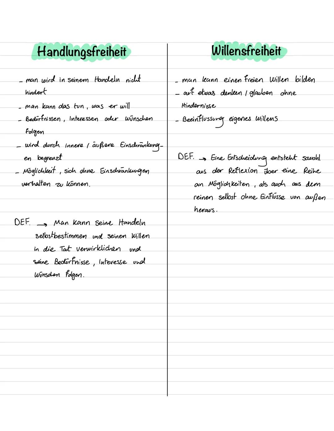 Freiheit zu...
Auswahl- / Entscheidungsfreiheit
- Man kann:
1)
Positive Freiheit
→ mit seinem Wollen & Handeln in ein
Verhältnis treten
→ en