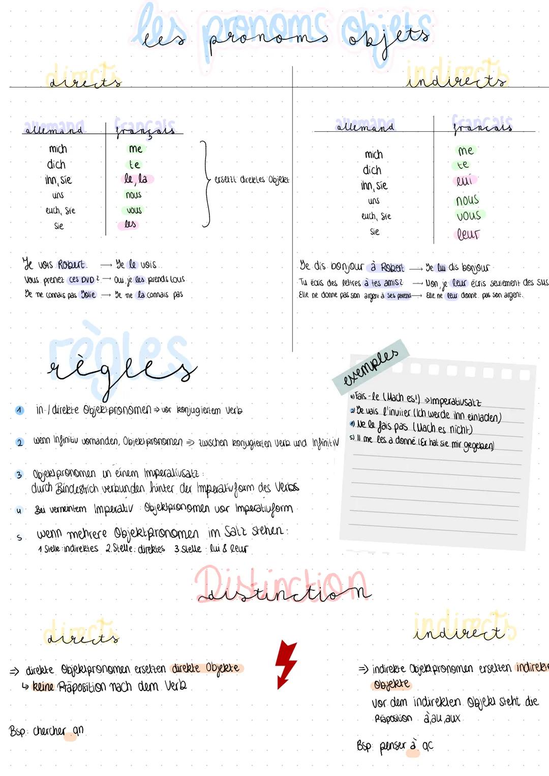 # les pronoms bjets

directs

indirects

| allemand | français |
| ----------- | ----------- |
| mich | me |
| dich | te |
| ihn, sie | le, 