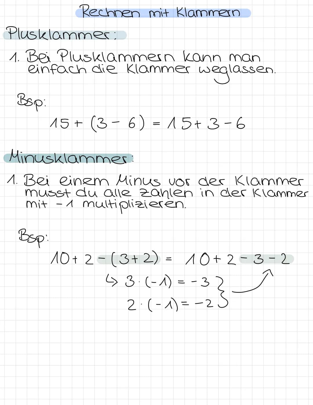 Rechnen mit Klammern
Plusklammer:
1. Bei Plusklammern kann man
einfach die Klammer wegla
assen.
Bsp:
15+ (3-6) = 15+ 3-6
Minusklammer:
1. Be