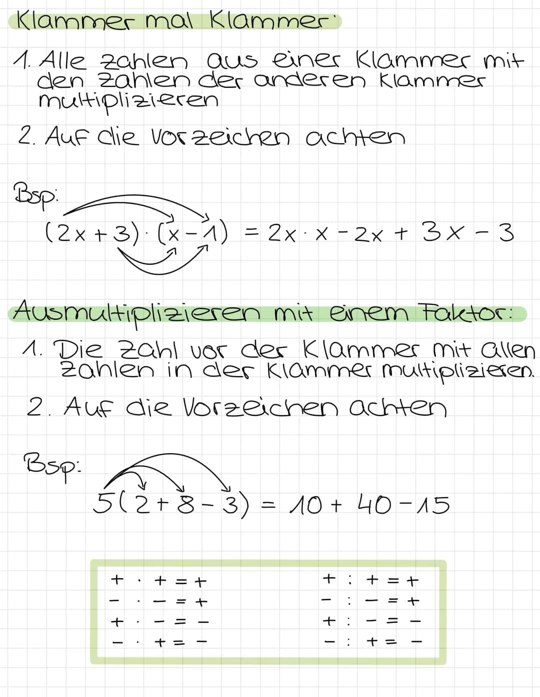 Rechnen mit Klammern
Plusklammer:
1. Bei Plusklammern kann man
einfach die Klammer wegla
assen.
Bsp:
15+ (3-6) = 15+ 3-6
Minusklammer:
1. Be