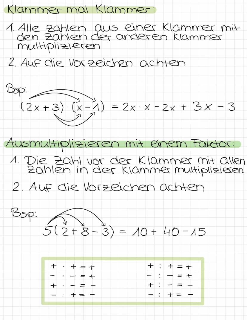 Rechnen mit Klammern
Plusklammer:
1. Bei Plusklammern kann man
einfach die Klammer wegla
assen.
Bsp:
15+ (3-6) = 15+ 3-6
Minusklammer:
1. Be