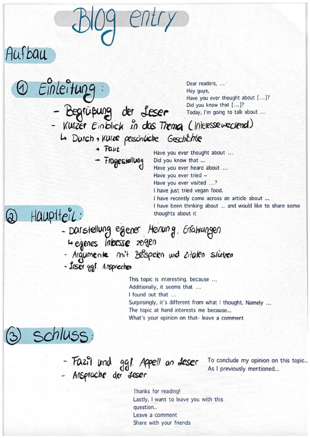 Aufbau
Ⓒ Einleitung:
Blog entry
-
- Begrüßung der Leser
Kurzer Einblick in das Thema (Interesse weckend)
Hauptteil:
Durch kurze persönliche 