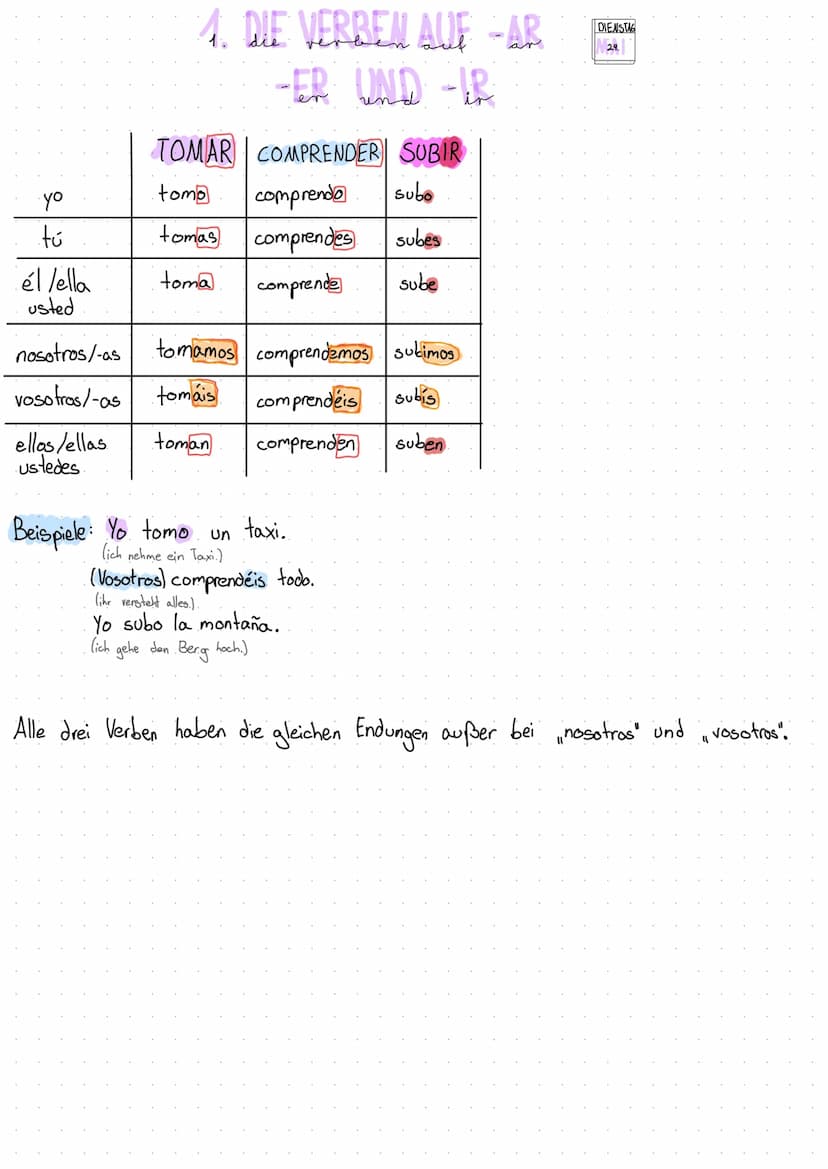 Grammatikheft yo
오
tú
él/ella
usted
4. DIE VERBEN AUF -AR
1. die
-ER UND - IR
TOMAR COMPRENDER SUBIR
tomo
comprendo
subo
tomas comprendes.
t