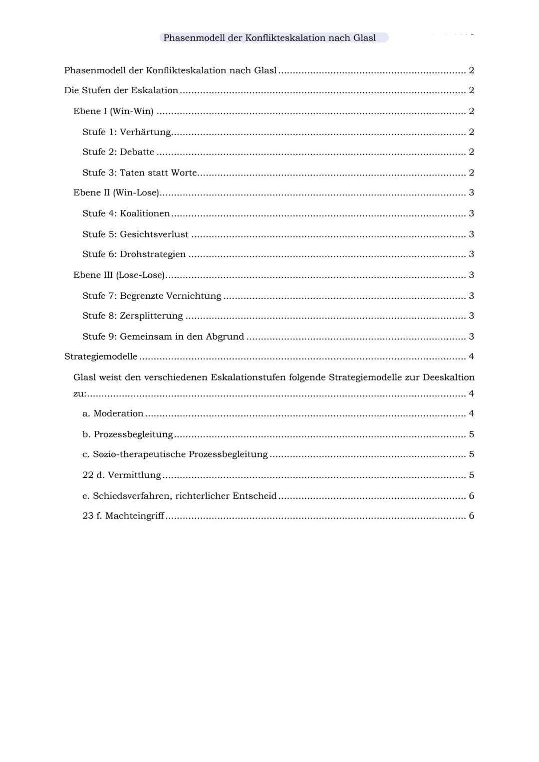 Phasenmodell der Konflikteskalation nach Glasl
Phasenmodell der Konflikteskalation nach Glasl.
Die Stufen der Eskalation........
Ebene I (Wi