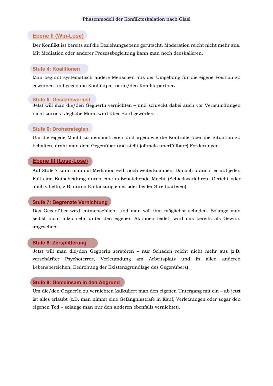 Phasenmodell der Konflikteskalation nach Glasl
Phasenmodell der Konflikteskalation nach Glasl.
Die Stufen der Eskalation........
Ebene I (Wi