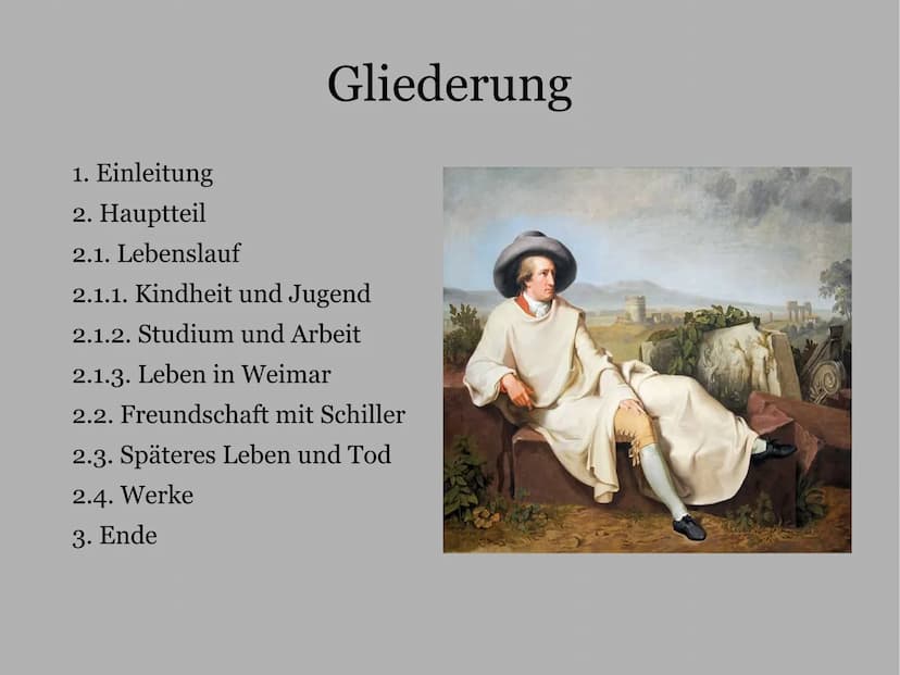 Johann Wolfgang von Goethe
Deutschvortrag
Schuljahr 2021/2022
Klasse 10
07.03.2022 1. Einleitung
2. Hauptteil
2.1. Lebenslauf
Gliederung
2.1