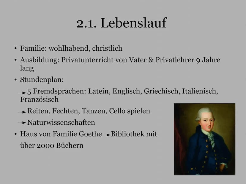 Johann Wolfgang von Goethe
Deutschvortrag
Schuljahr 2021/2022
Klasse 10
07.03.2022 1. Einleitung
2. Hauptteil
2.1. Lebenslauf
Gliederung
2.1
