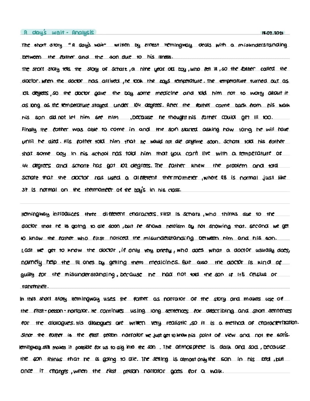 A Day's Wait Summary and Analysis - Themes, Characters, and Quotes