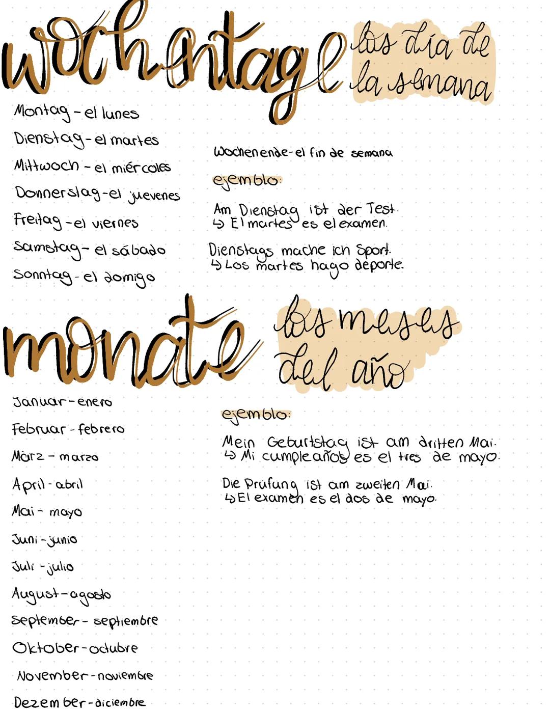 las dia de
work
Montag-el lunes la semana...
Dienstag-el martes
Mittwoch - el miércoles
Januar-enero
Februar-febrero
Donnerstag-el juevenes
