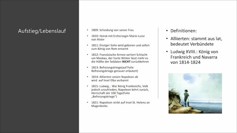 Napoleon Bonapartes
Auf- und Abgestieg ●
Geburt / Kindheit
-> Familien Stammbaum
Aufstieg/Lebenslauf
Ziele (Welche er verwirklichen konnte)
