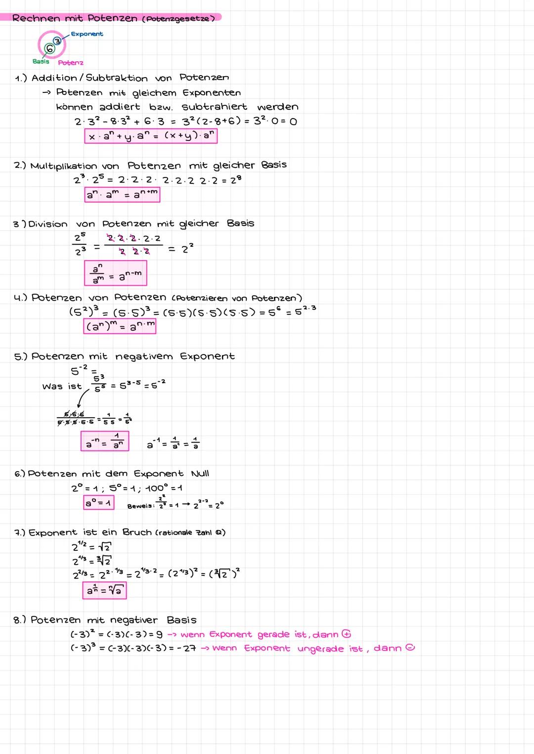 # Rechnen mit Potenzen (Potenzgesetze)

3 Exponent

Basis Potenz

1.) Addition/Subtraktion von Potenzen

Potenzen mit gleichem Exponenten
kö