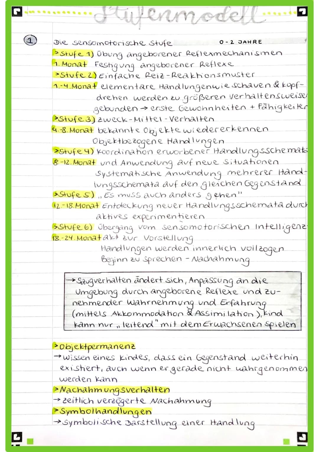 1
Stufenmodell
Die sensomotorische Stufe.
0-2 JAHRE
> Stufe 1) übung angeborener Reflexmechanismen
11. Monat Festigung angeborener Reflexe
>