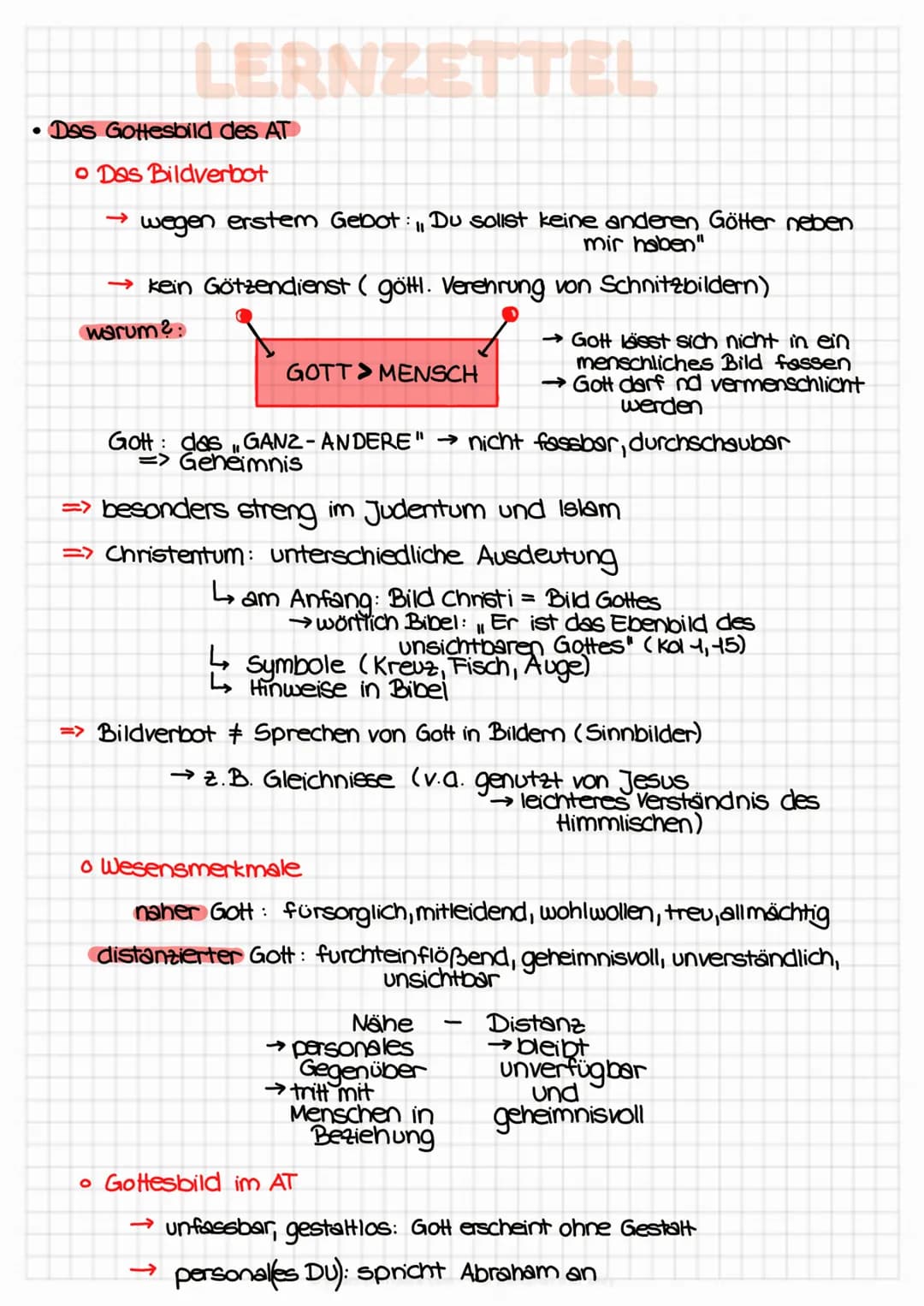 LERNZETTEL
• Das Gottesbild des AT
o Das Bildverbot
→ wegen erstem Gebot : ", Du sollst keine anderen Götter neben
mir haben"
→ kein Götzend