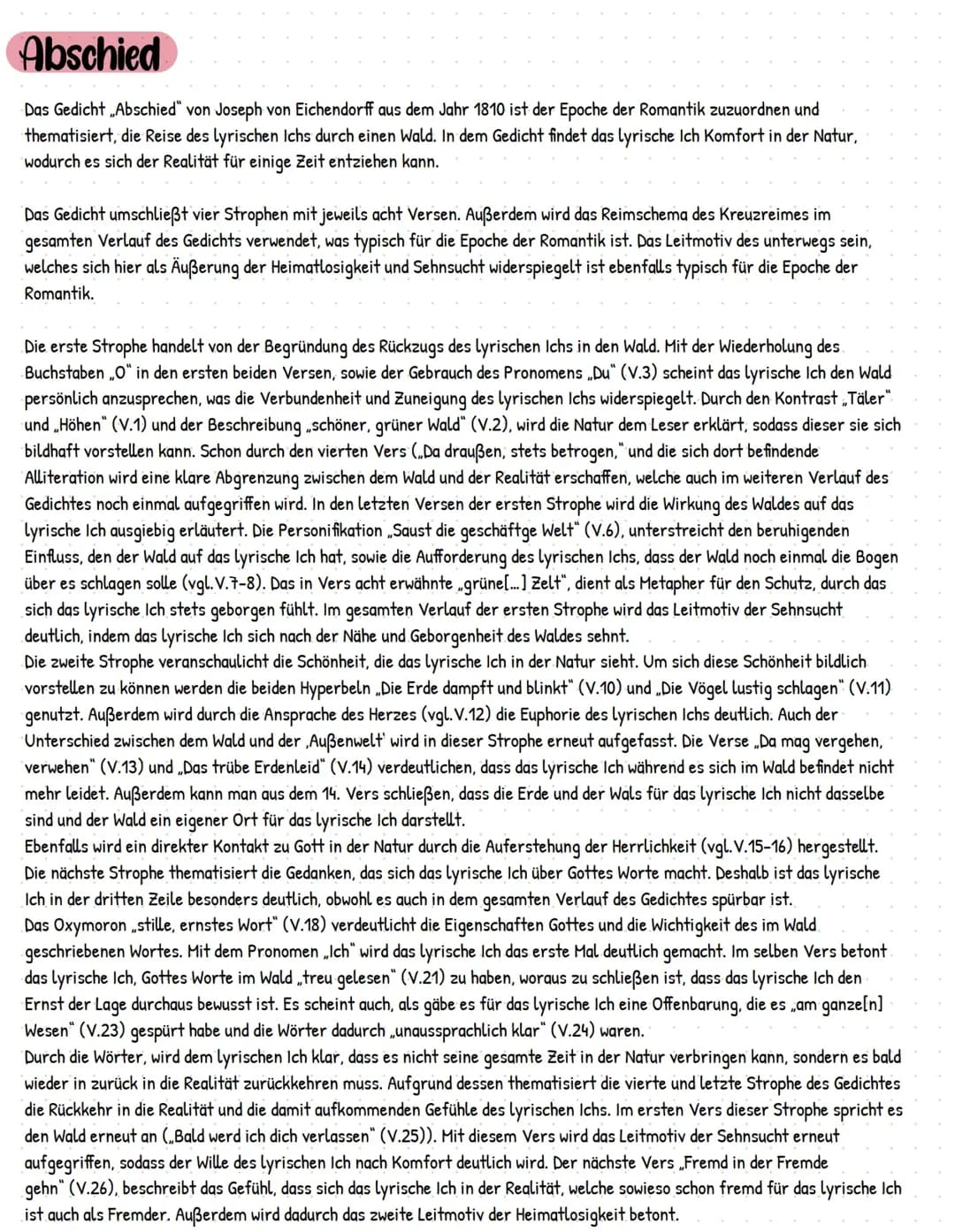 Abschied von Jospeh von Eichendorff - Gedichtsanalyse/ Interpretation