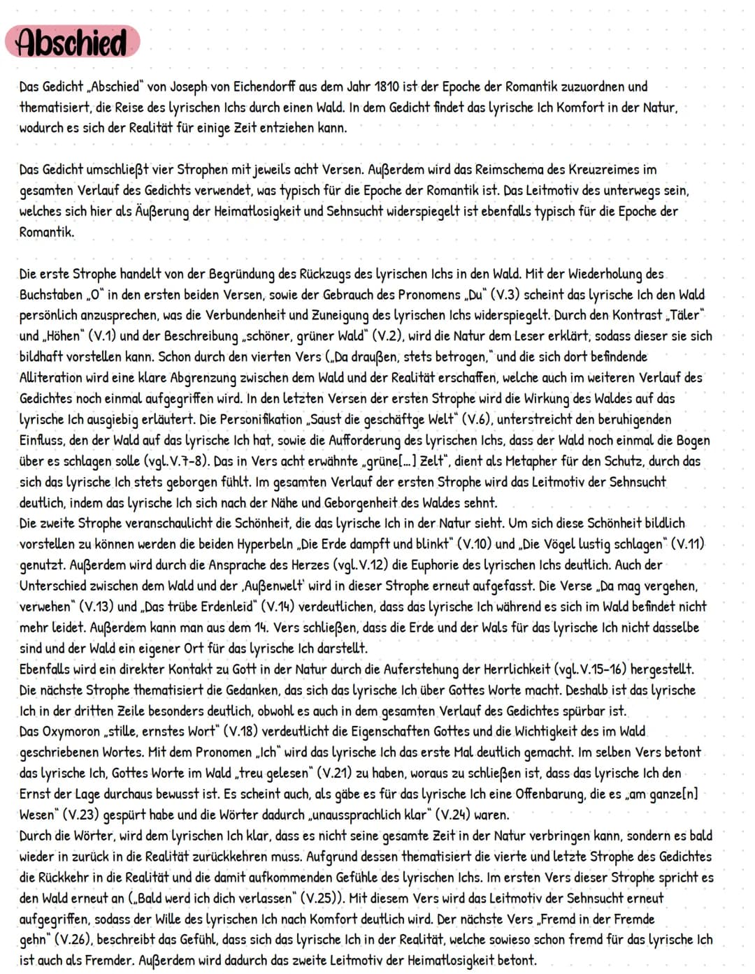 Abschied
Das Gedicht Abschied" von Joseph von Eichendorff aus dem Jahr 1810 ist der Epoche der Romantik zuzuordnen und
thematisiert, die Rei