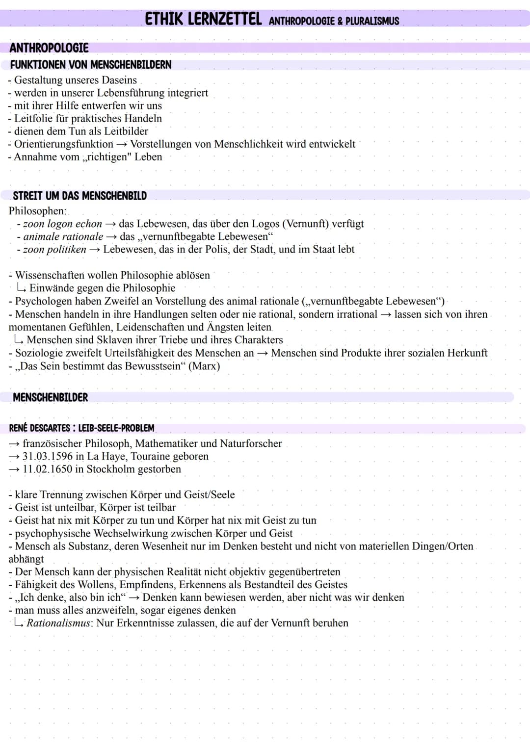 ETHIK LERNZETTEL ANTHROPOLOGIE & PLURALISMUS
ANTHROPOLOGIE
FUNKTIONEN VON MENSCHENBILDERN
- Gestaltung unseres Daseins
- werden in unserer L