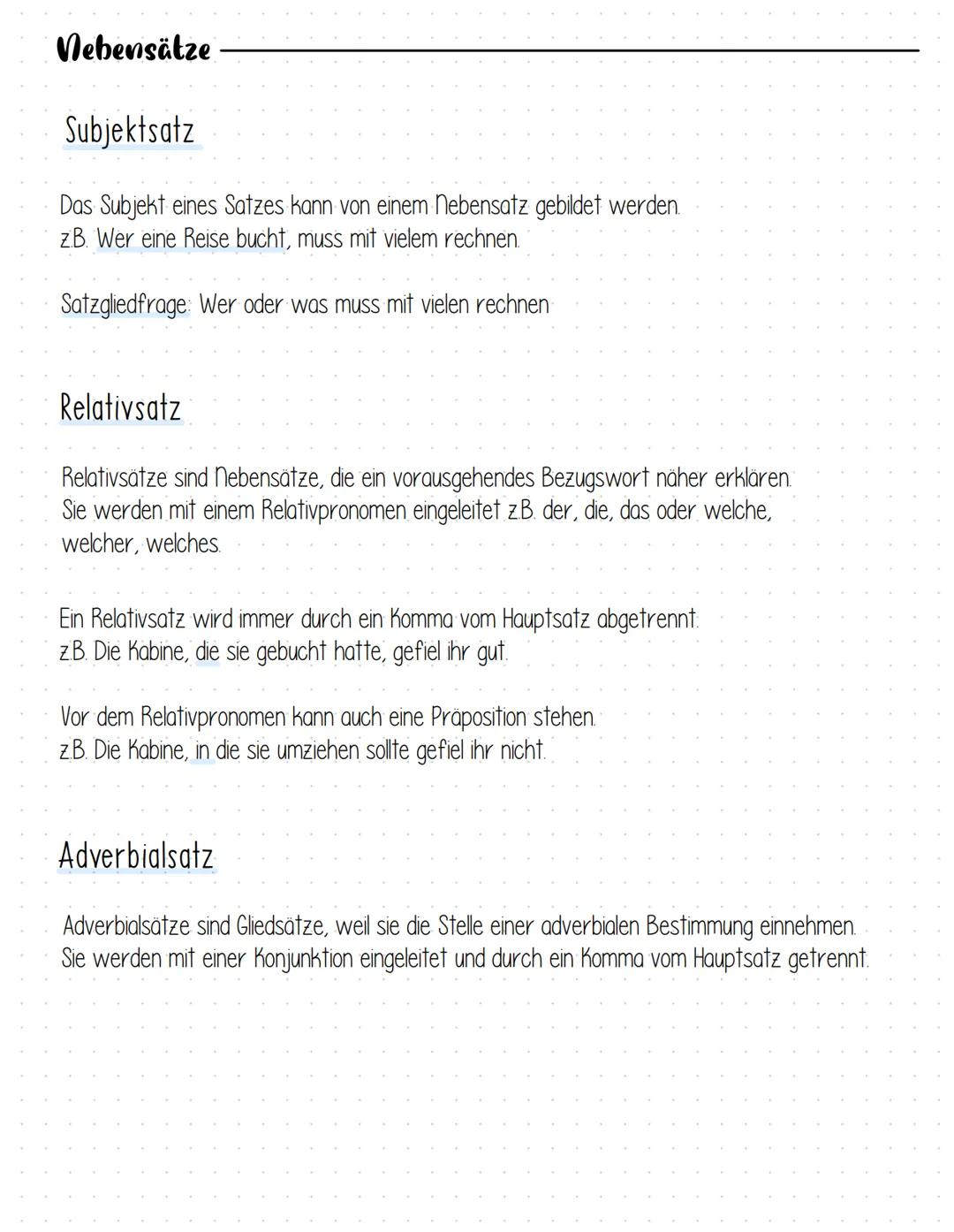 # Nebensätze

Subjektsatz

Das Subjekt eines Satzes kann von einem Nebensatz gebildet werden.
z.B. Wer eine Reise bucht, muss mit vielem rec