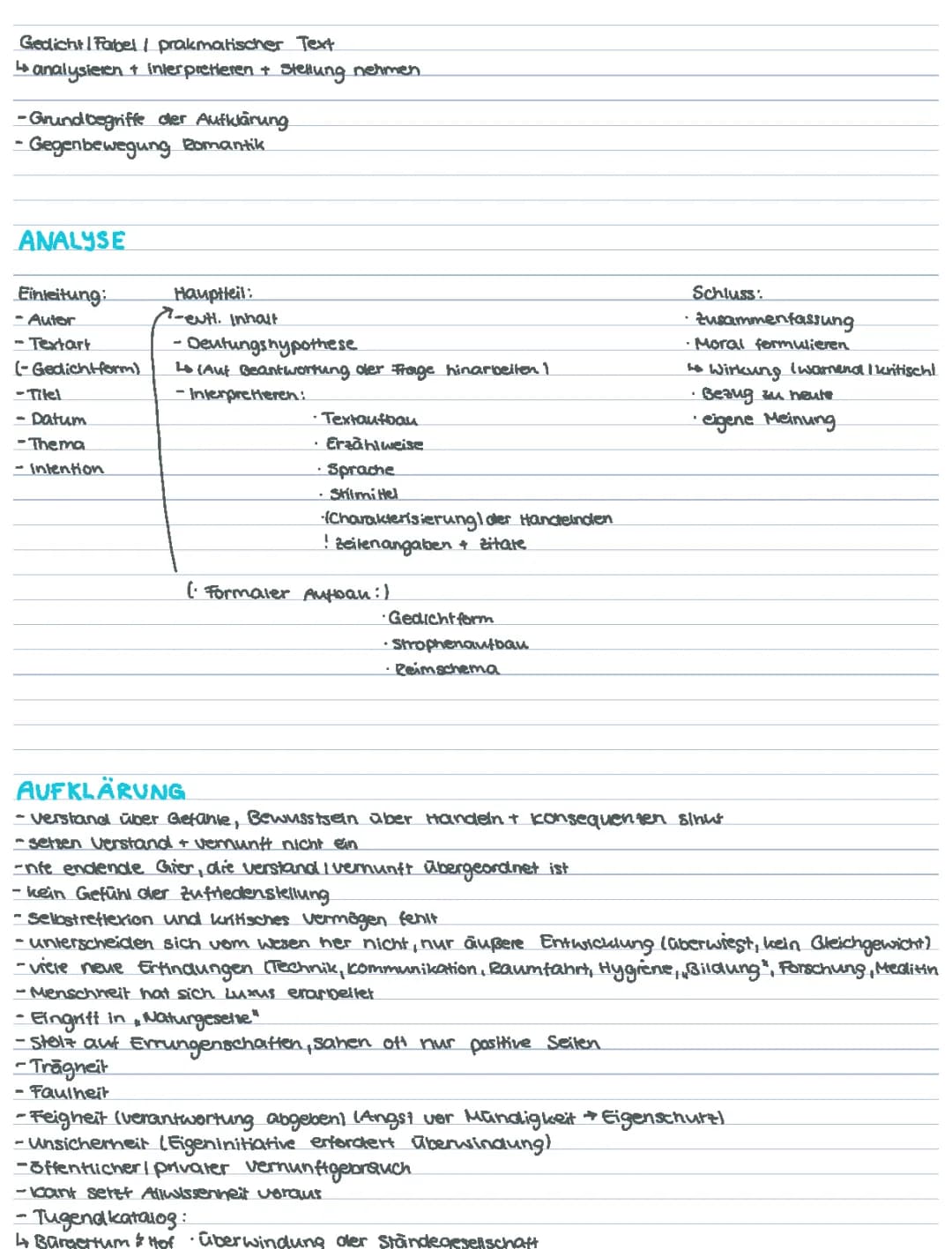 Textanalyse, Aufklärung und Romantik