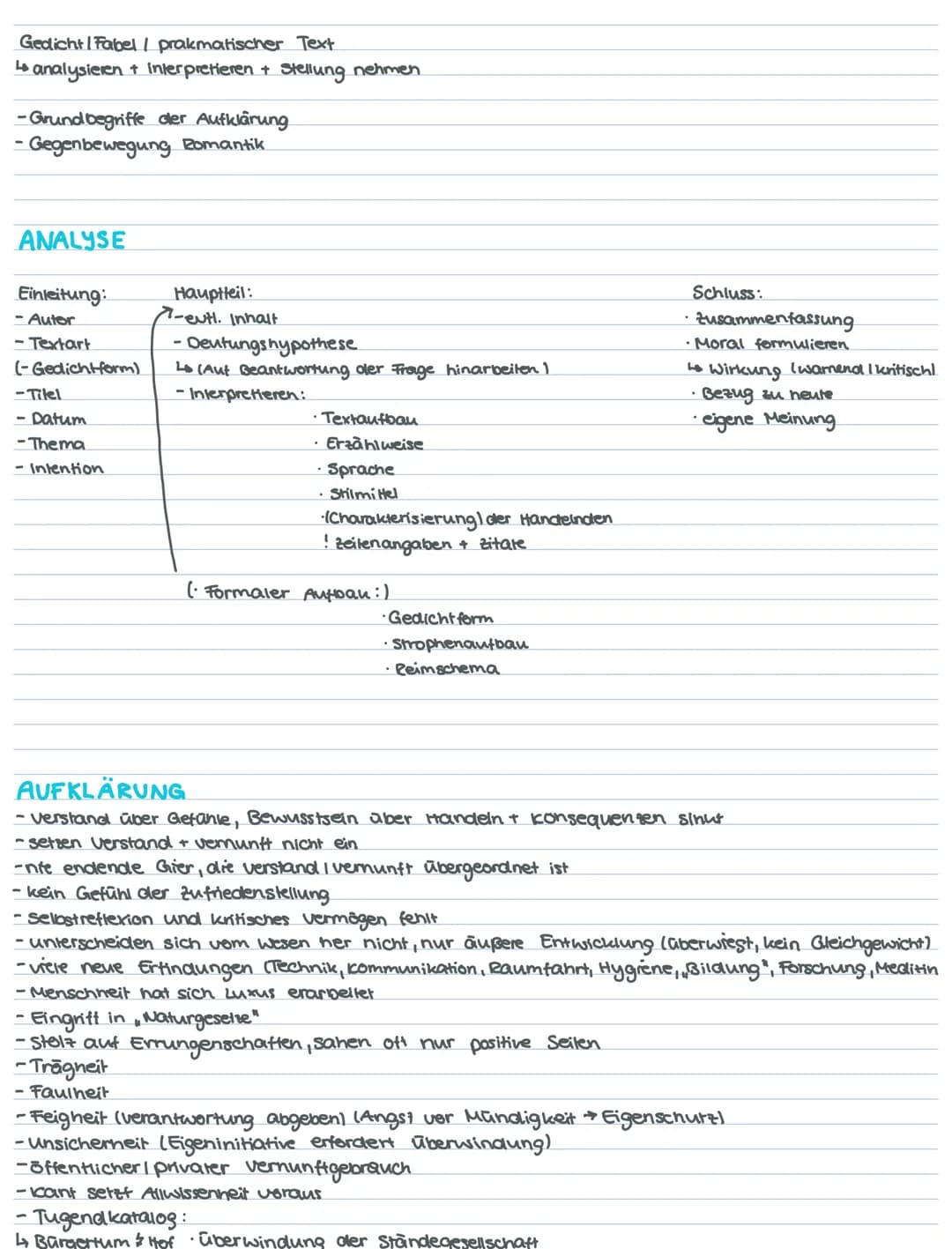 Gedicht | Fabel / prakmatischer Text
↳ analysieren + interpretieren + Stellung nehmen
-Grundbegriffe der Aufklärung
- Gegenbewegung Romantik