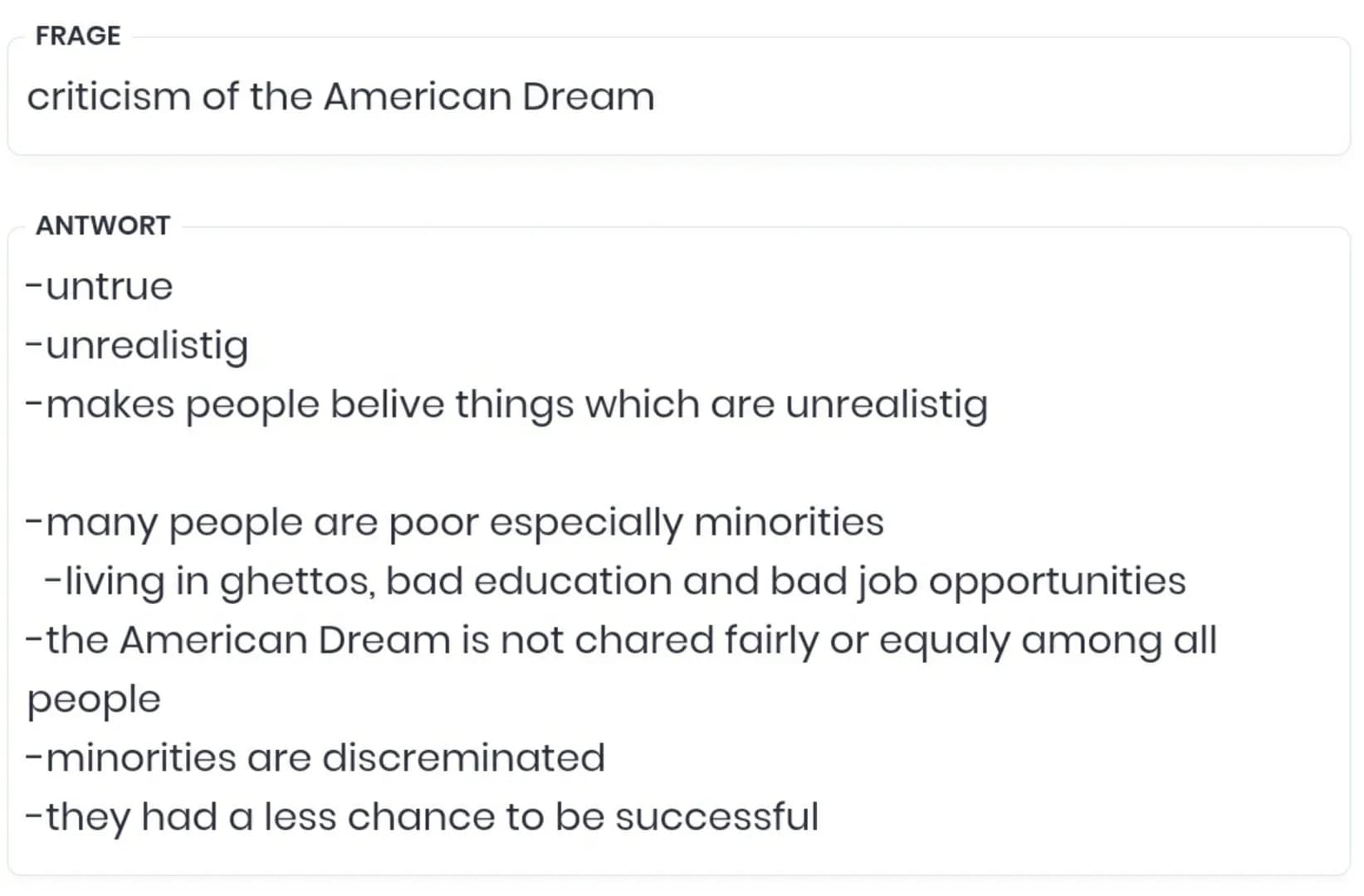 
<p>Many people believe the American Dream is unrealistic and untrue. It gives people false hope and expectations. Minorities and poor indiv