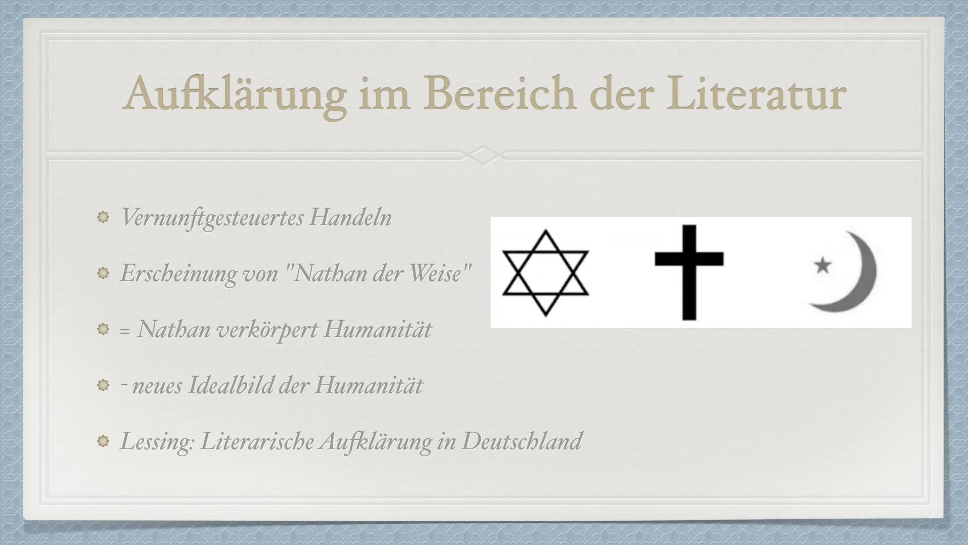 # Nathan der Weise

Gotthold Ephraim Lessing Agenda

• Lessing
• Aufklärung
• Kant
• Ringparabel
→ Sprachverwendung
• Offenes und Geschlosse