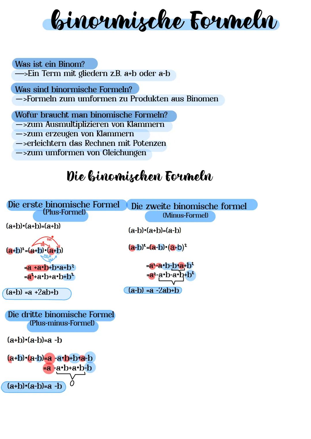 binormische Formeln
Was ist ein Binom?
->Ein Term mit gliedern z.B. a+b oder a-b
Was sind binormische Formeln?
->Formeln zum umformen zu Pro