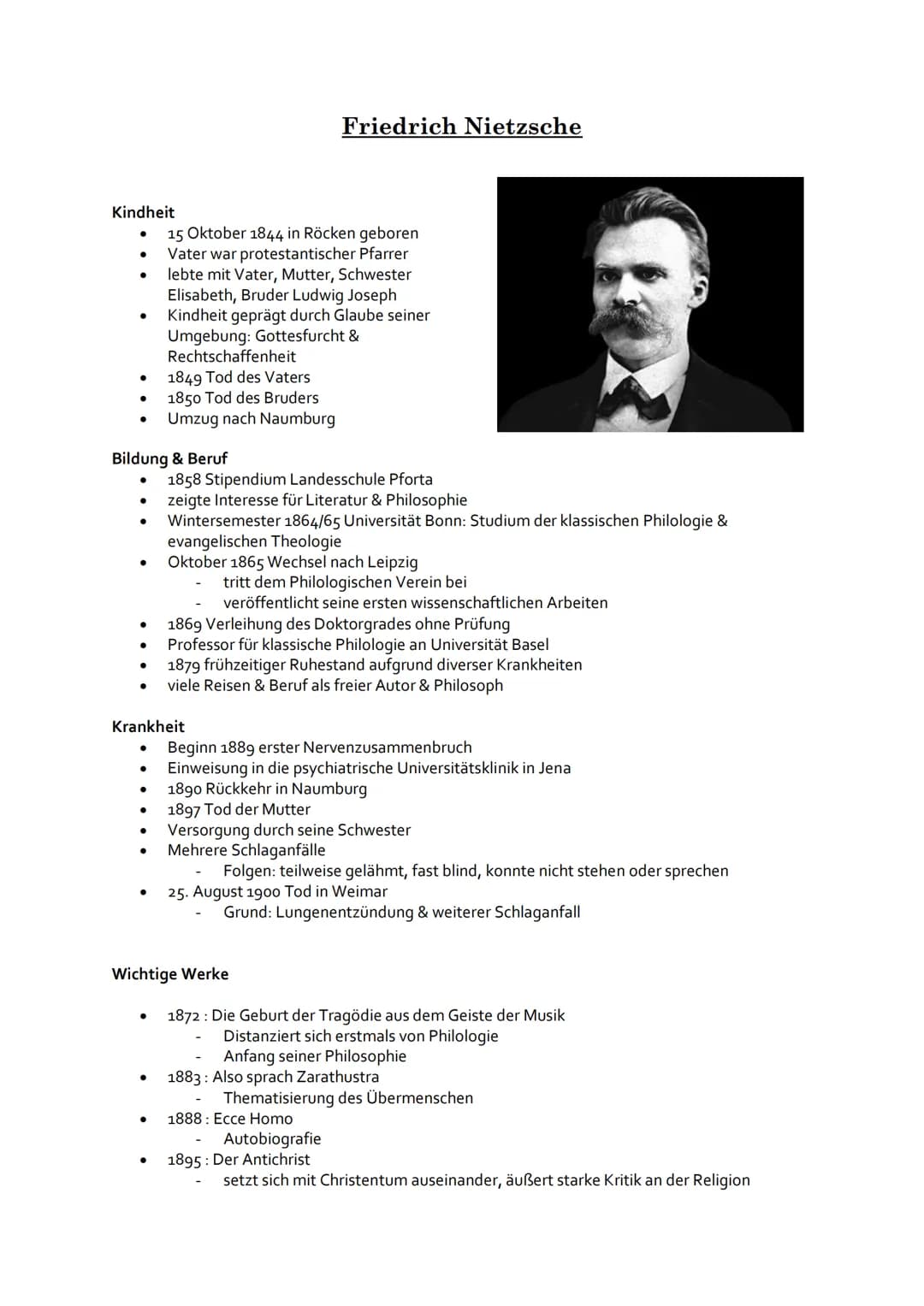 FRIEDRICH
NIETZSCHE Kindheit
●
●
●
●
Bildung & Beruf
●
15 Oktober 1844 in Röcken geboren
Vater war protestantischer Pfarrer
lebte mit Vater,