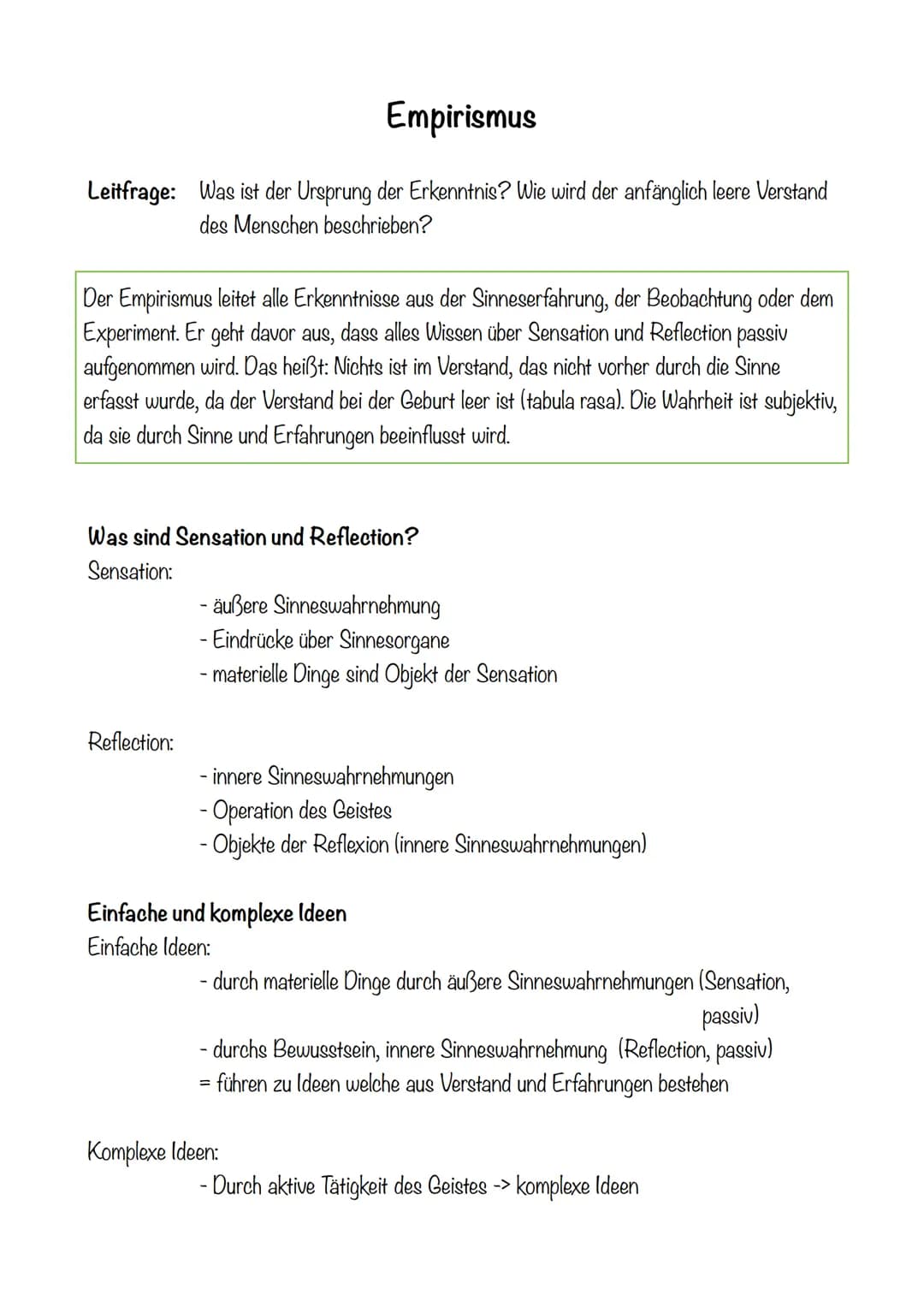 Empirismus
Leitfrage: Was ist der Ursprung der Erkenntnis? Wie wird der anfänglich leere Verstand
des Menschen beschrieben?
Der Empirismus l