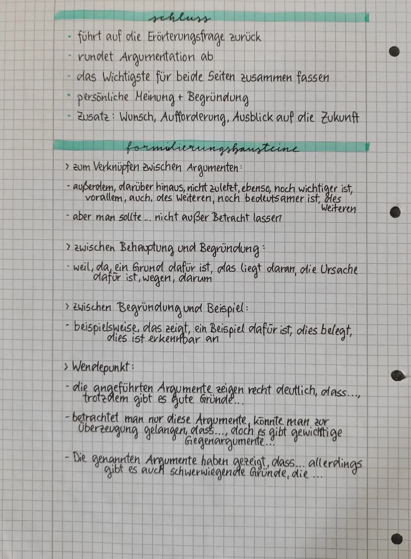 schluss
führt auf die Erörterungsfrage zurück
rundet Argumentation ab
das Wichtigste für beide Seiten zusammen fassen
persönliche Meinung + 