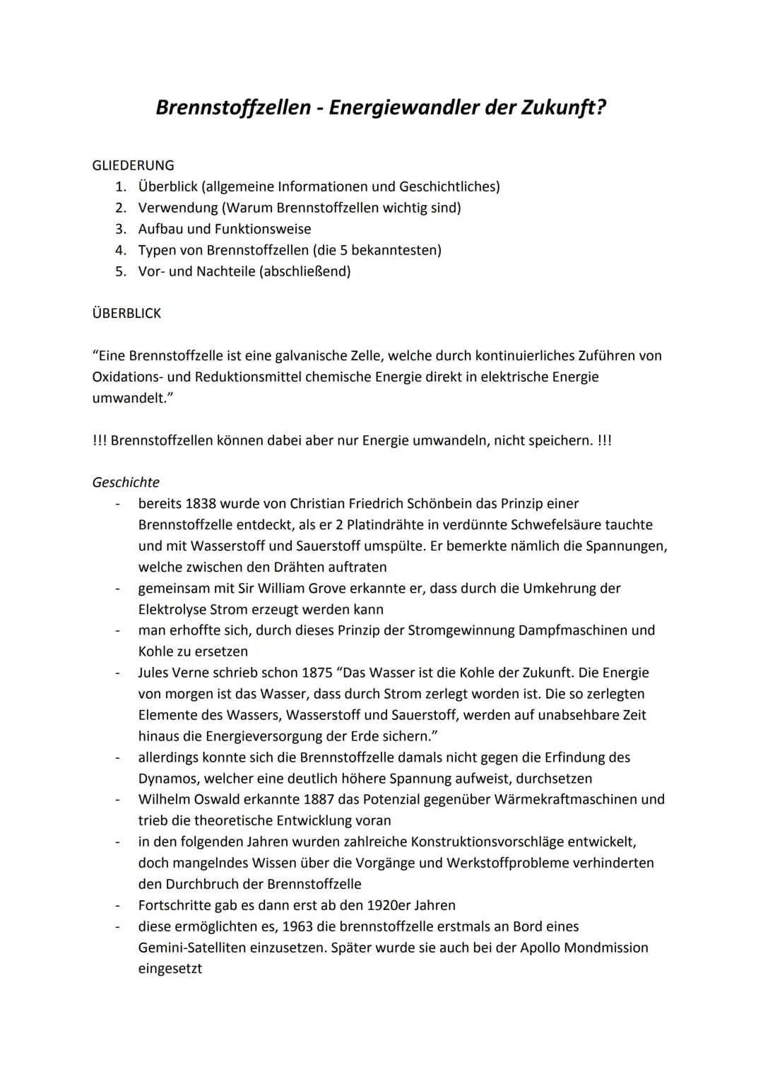 Brennstoffzellen - Energiewandler der Zukunft?
GLIEDERUNG
1. Überblick (allgemeine Informationen und Geschichtliches)
2. Verwendung (Warum B