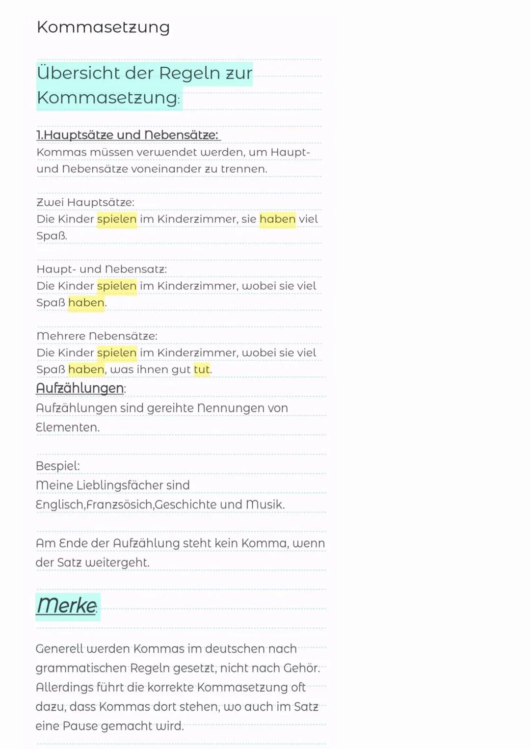 # Kommasetzung

Übersicht der Regeln zur
Kommasetzung:

1.Hauptsätze und Nebensätze:
Kommas müssen verwendet werden, um Haupt-
und Nebensätz
